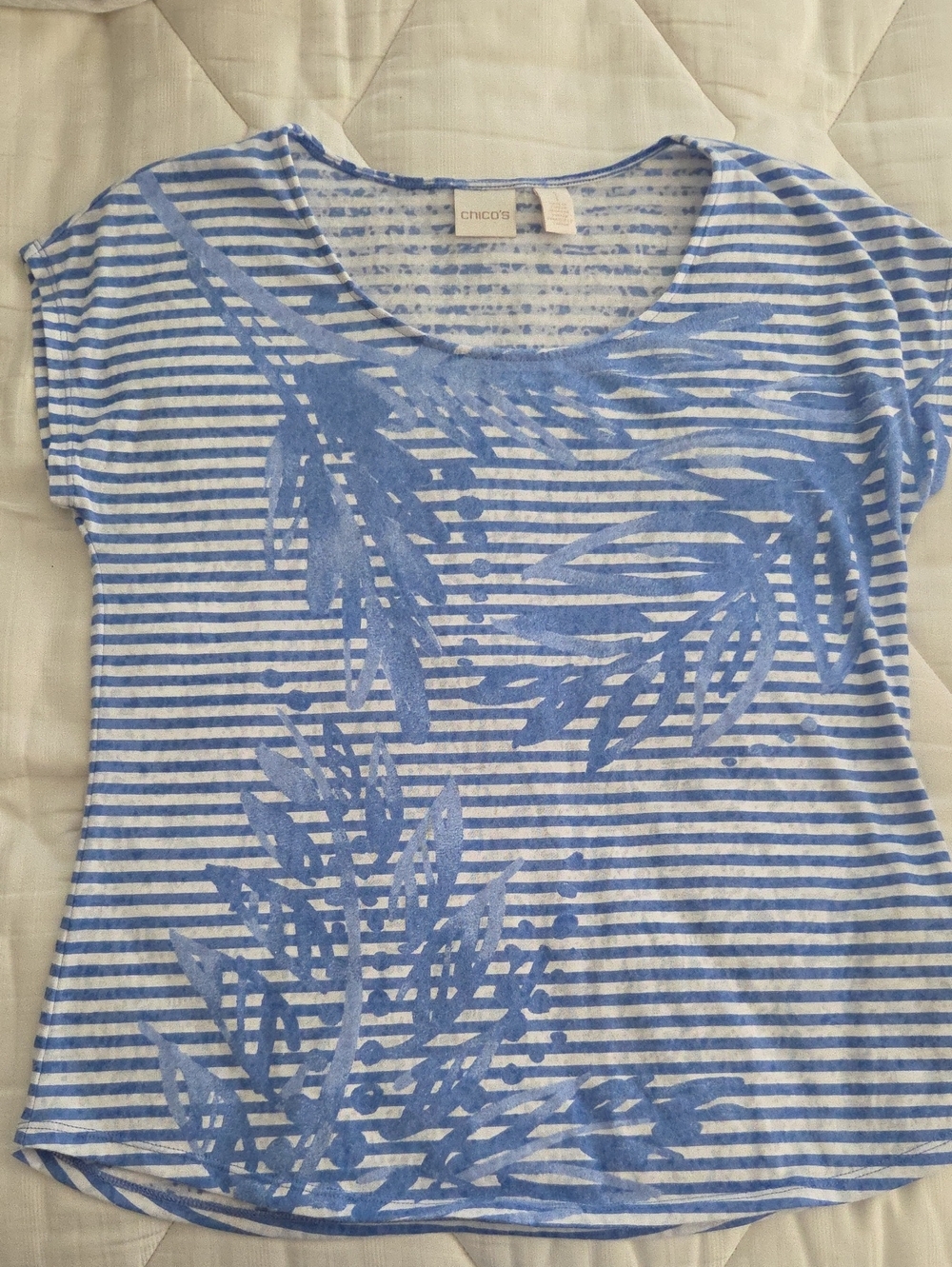 Chico's Size 1 (Size 8 M) Blue & White Stripped Short Sleeve Summer Shirt